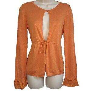 White + Warren Silk Cotton Knit Button Tie Long Sleeve Cardigan Orange Medium